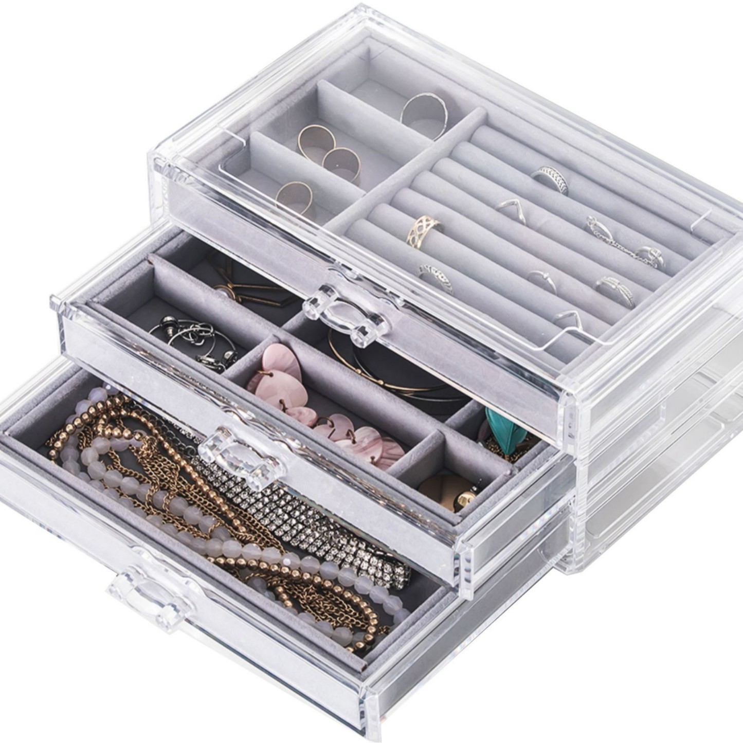 Caja de joyería de franela beige transfronteriza multi-capa de terciopelo placa anillo de acrílico collar oreja compartimiento de joyería caja de joyería de acabado