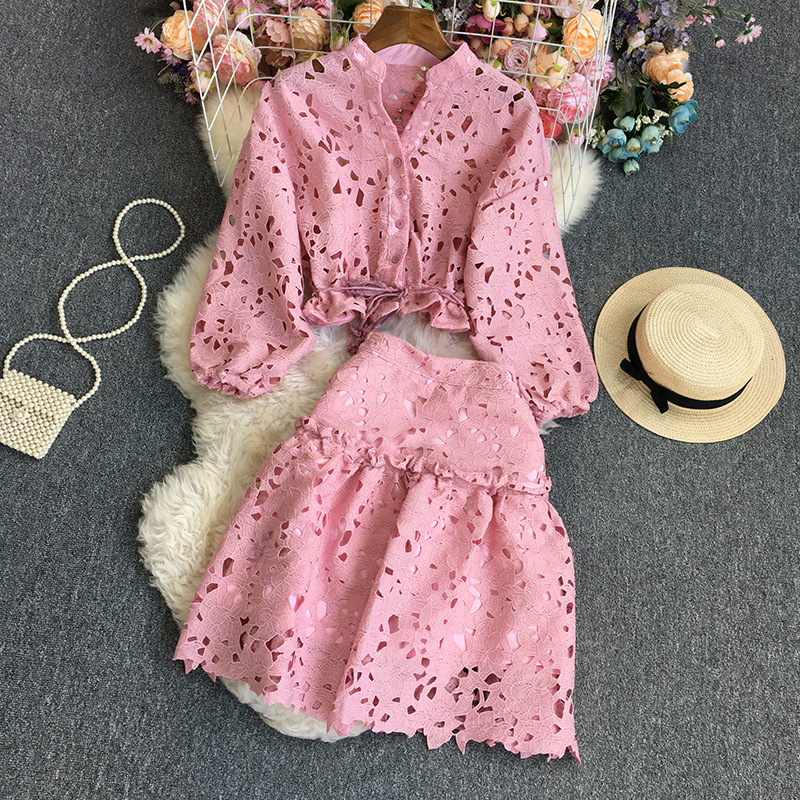 Damenbekleidung einfarbige Spitze Langarm + Rock Anzug_voghion.com