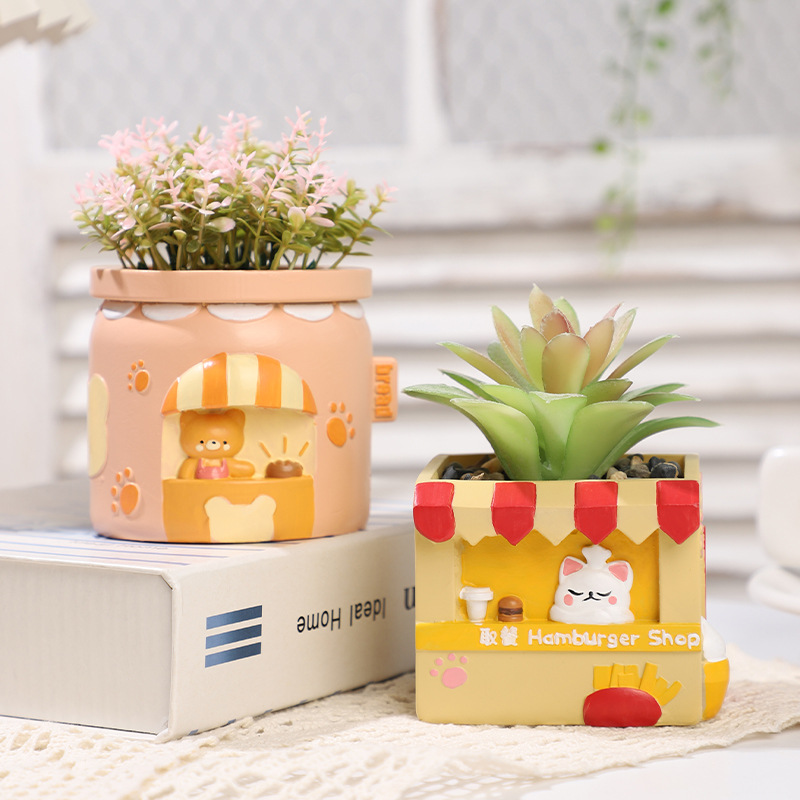 Chậu Cây Resin Chậu cây mọng nước hình cửa hàng đồ ăn hoạt hình resin, chậu mini để bàn, trang trí sân vườn (RG-225)