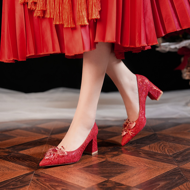 6555G-046 Bowknot Flower Pointed Toe Chunky Heel Women's High Heels Dress Red Wedding Bride Single Shoes_voghion.com