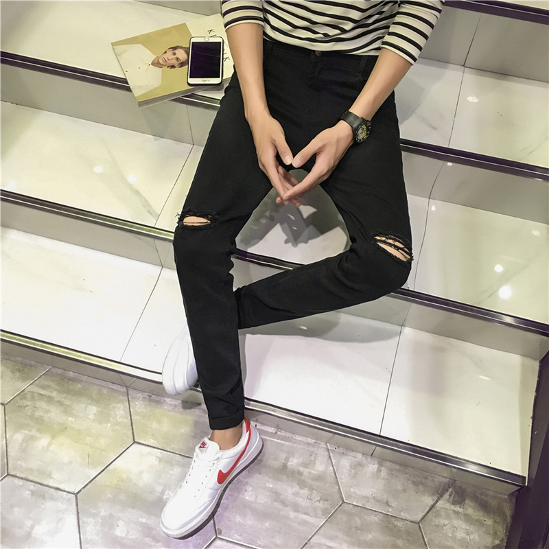 Quan zhilong mismo Vaqueros rodilla ripped flaco negro apretado pantalones de verano nuevos hombres moda pelo generación