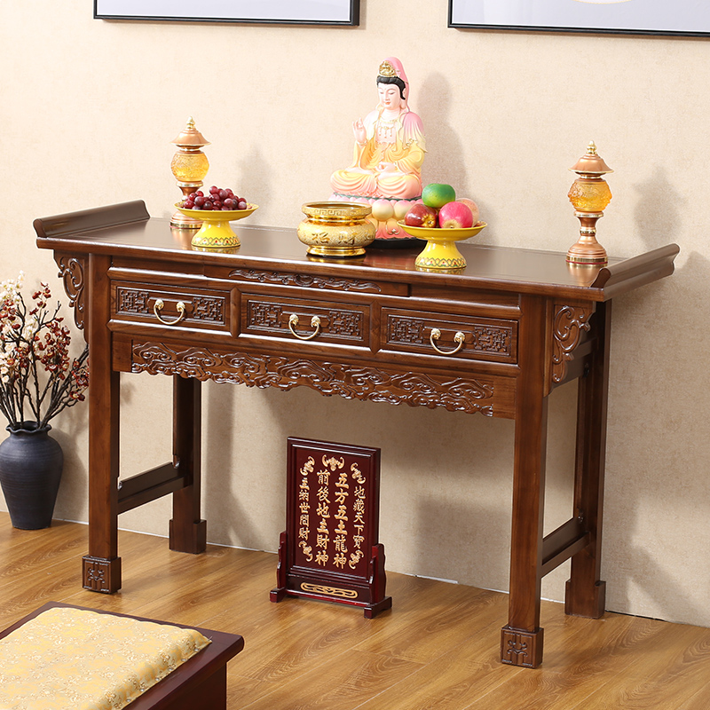 Incense Altar for Home Use, Ancestor Shrine Cabinet, Guan Gong Main Altar, Solid Wood Buddha Altar, Offering Table with Silk Flowers