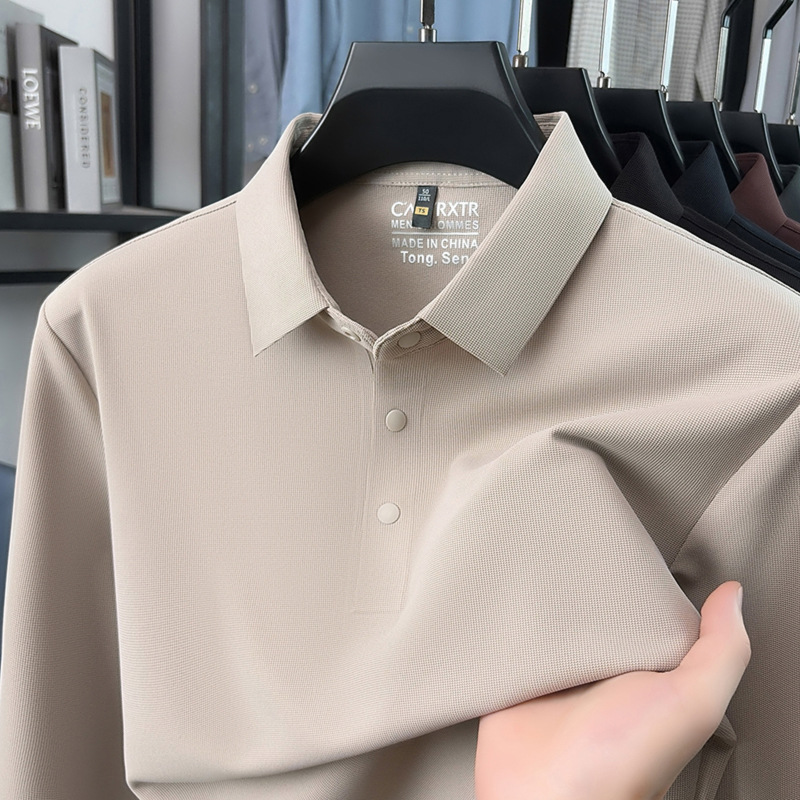 New autumn men's long-sleeve POLO shirt, high-end business casual, brushed lining, turn-down collar, nylon-spandex T-shirt top