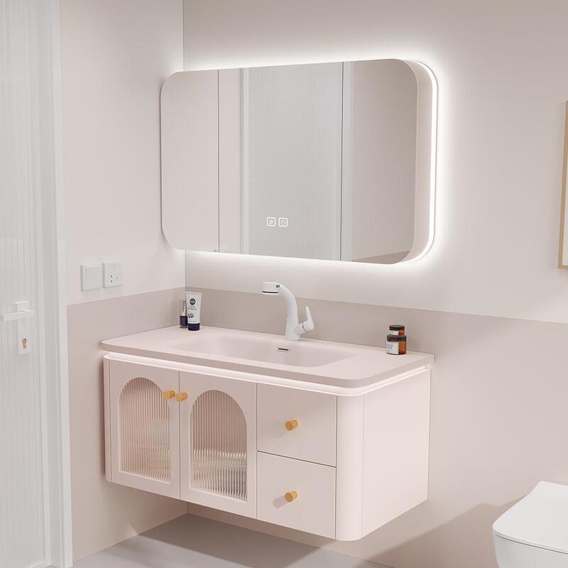Designer arc pink glass door bathroom cabinet artificial stone integrated basin ceramic washstand washbasin cabinet combination Designer arc pink glass door bathroom cabinet artificial stone integrated basin ceramic washstand washbasin cabinet combination