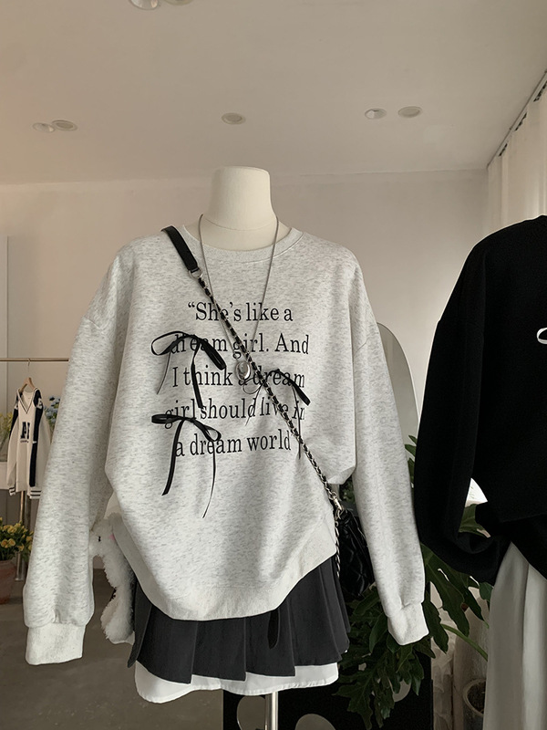 欧玛莱 蝴蝶结字母印花卫衣女宽松显瘦圆领长袖上衣秋季韩系 4365|undefined