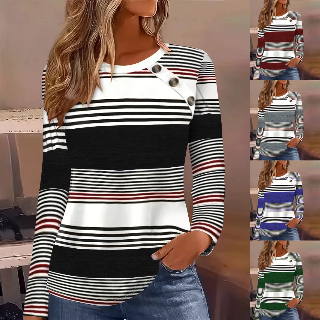 Cross-border European and American women's clothing 2024 spring and autumn new striped patchwork color blocking top round neck long sleeve loose T-shirt women