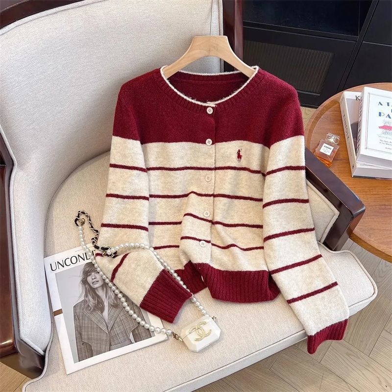 2026 Spring and Autumn New Red New Year Embroidered Striped Knitted Sweater Round Neck Loose Sweater Jacket Cardigan Trendy Top