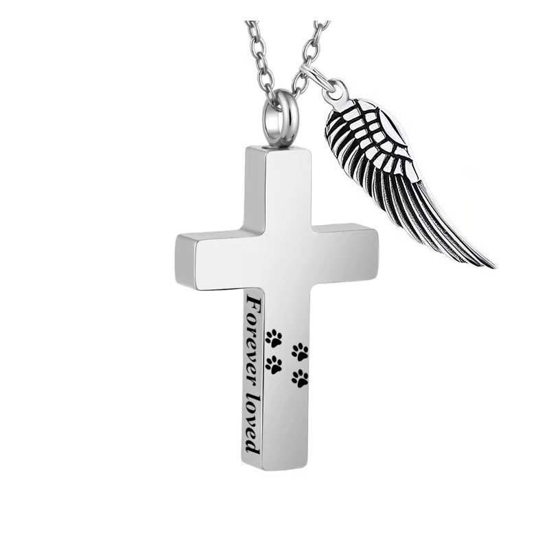 Halskette mit Pfotenabdruck-Kreuz aus Edelstahl, Herrenschmuck, klassischer Anhänger mit Engelsflügeln und Tieraschebox_voghion.com