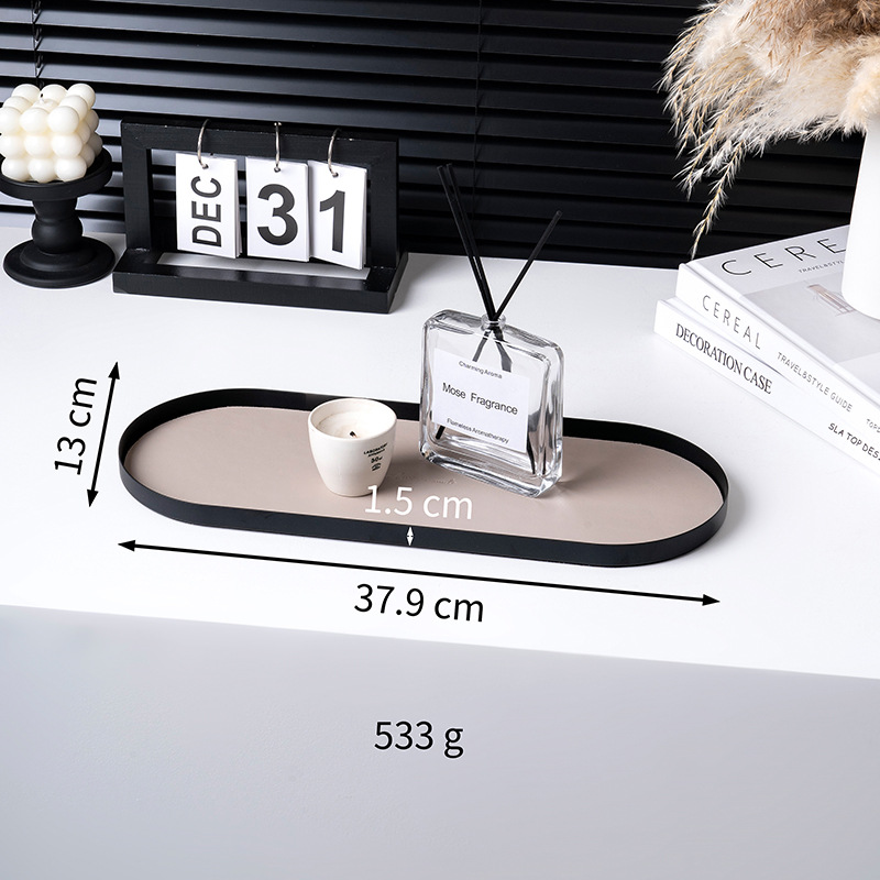 Ornamentación de metal creativa bandeja de decoración de escritorio bandeja de almacenamiento puerta de entrada bandeja de almacenamiento de cuero oblonga