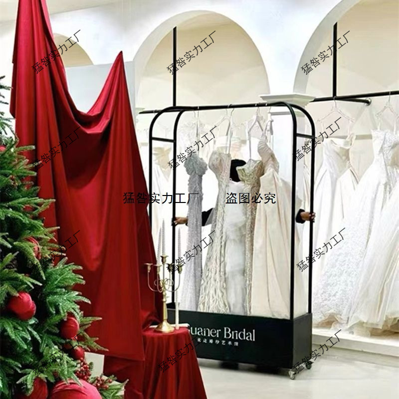 Wedding Dress Shop Trolley for Xiuhe Dress and Hanfu Side-Hanging Mobile Display Rack, Bridal Gown Fitting Tool Cart, Reinforced Trolley