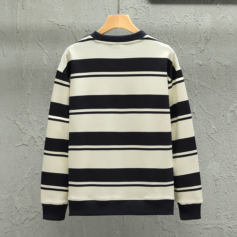 Çizgili ilkbahar ve sonbahar altları, uzun kollu üst bol gündelik moda markası yuvarlak yakalı kapüşonlu erkek stili_voghion.com