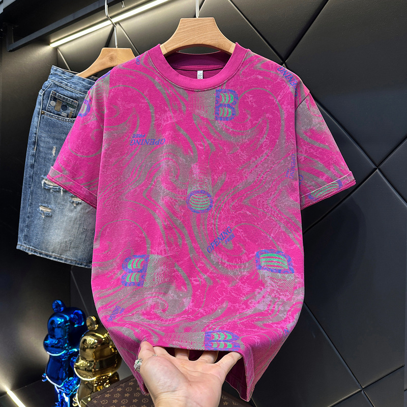 Summer New Style Men's Stylish Designer T-Shirt with Contrasting Floral Print, Round Neck, Short Sleeves, Fashionable Top