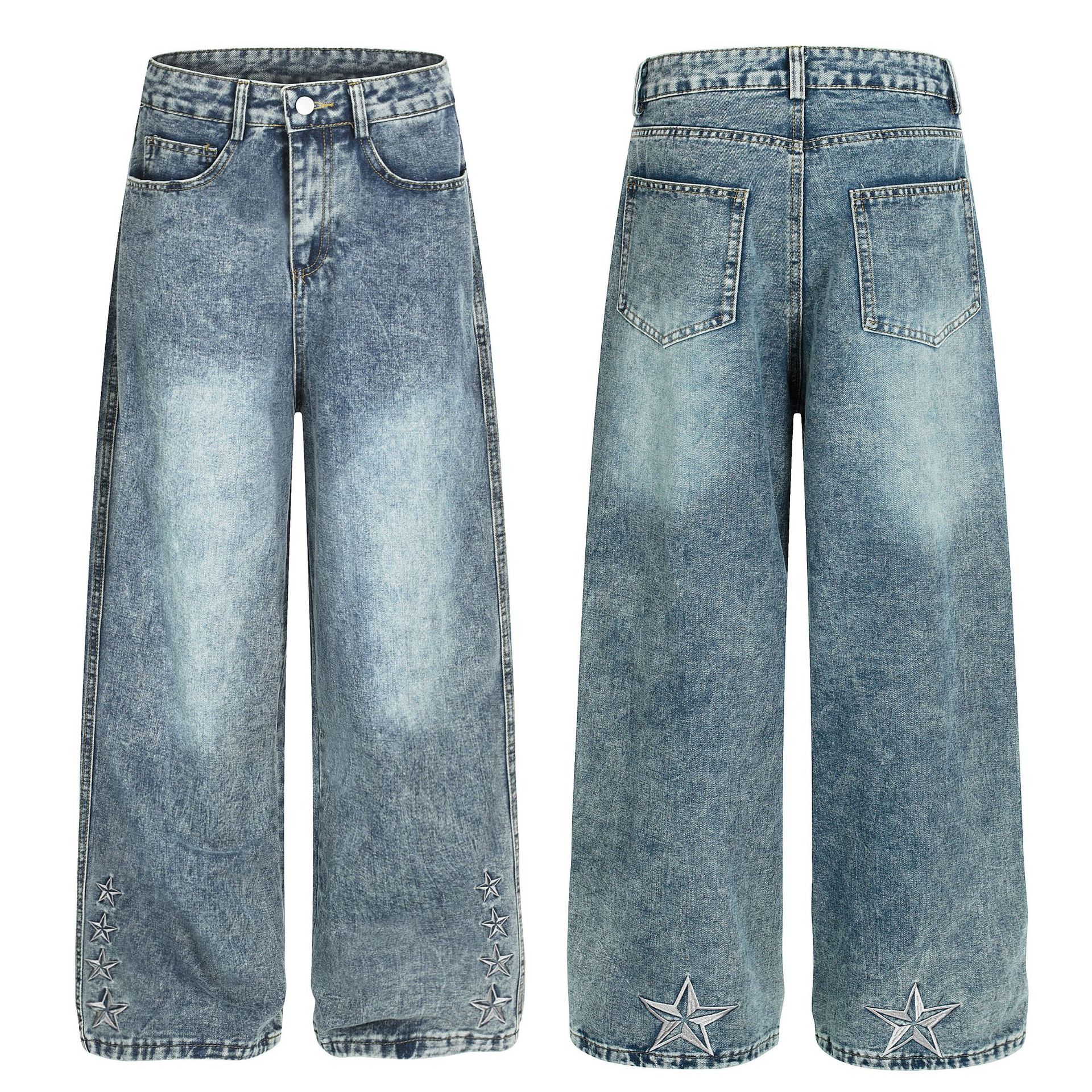 Korean-Style Distressed Washed Wide-Leg Jeans – Embroidered Star Details | Unisex Loose Fit Streetwear Denim Pants (S-XL, Blue/Black)​_mkmklike.com