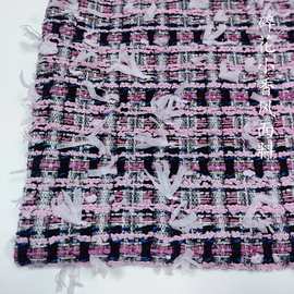 粉色格子小香风面料春夏带结花呢编织女装外套连衣裙手工diy布料