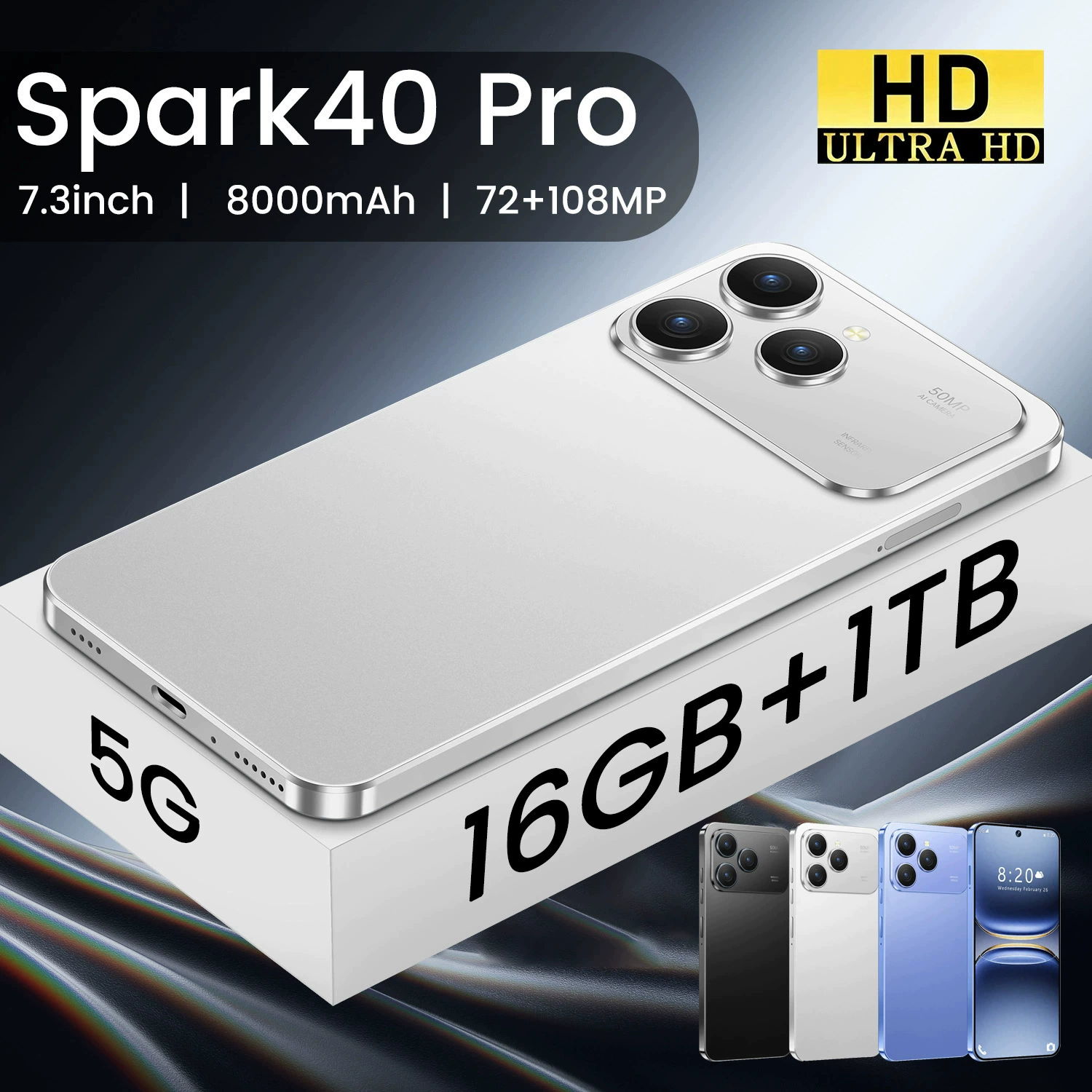 Смартфон Spark40 Pro Android, 7.3" HD экран, совместимость со всеми сетями, 16+1 ГБ, реальный 4G, наличный товар