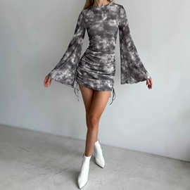 Короткое платье 喇叭长袖连衣短裙抽绳褶皱包臀裙