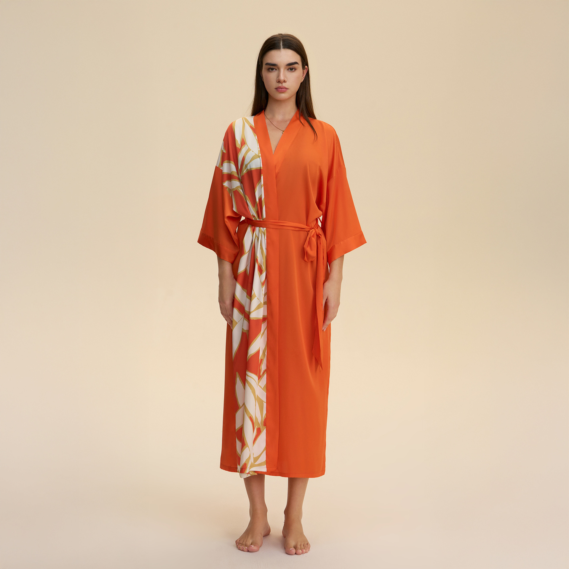 Nuevo pijama de tamaño grande transfronterizo mujer satén suave chiffon kimono cuello bata larga ropa de casa WP3975