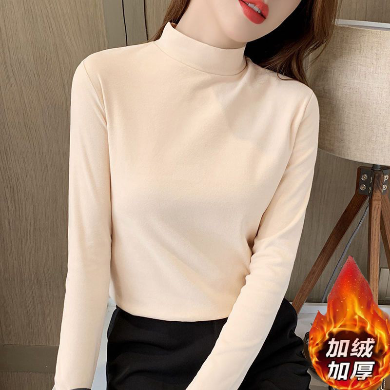 Double-sided Velvet Half-high Collar and Velvet Thickened Warm Base Shirt Top Women's Autumn and Winter Slim-fit All-match Long-sleeved T-shirt Women
