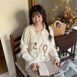 日系可爱少女娃娃刺绣贴布减龄春季蕾丝翻领长袖衬衫宽松上衣百搭
