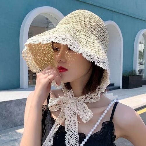 French lace floral edge Korean style Instagram Lolita sunshade sun hat for women summer petite fresh sweet cute ribbon hat