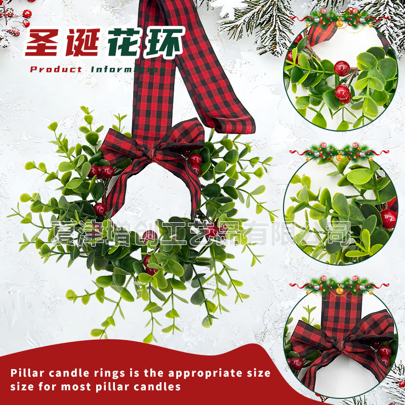 Cross-Border Amazon Best-Selling Christmas Candlestick Wreath with Red and Black Plaid Bow, Direct Supply from the Manufacturer, Holiday Decoration Wreath