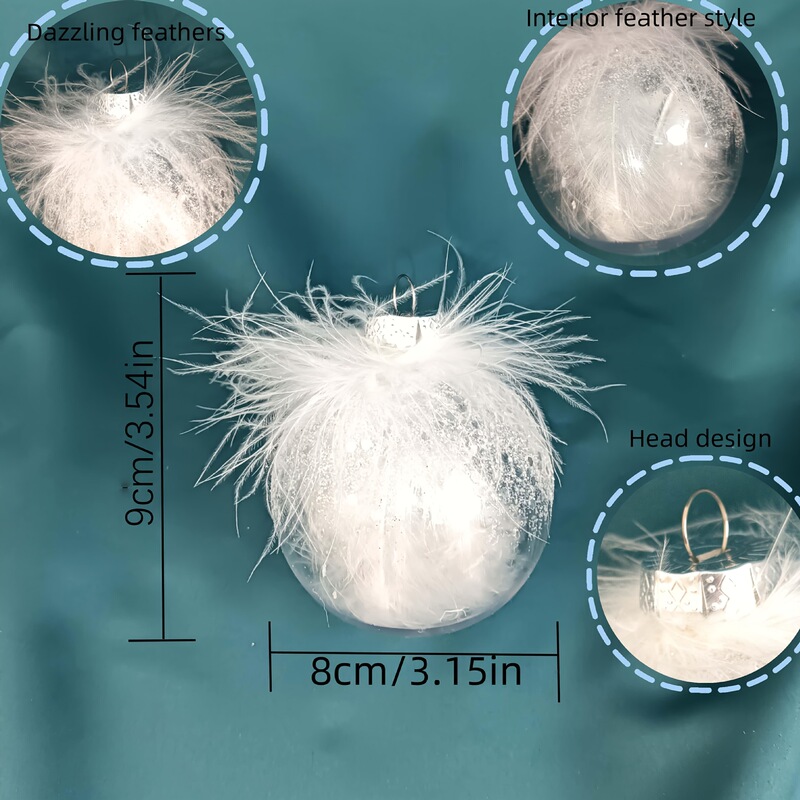 9 Pcs, Christmas Art Style Decorative Balls - Snow White Glitter Feather Decorative Christmas Balls