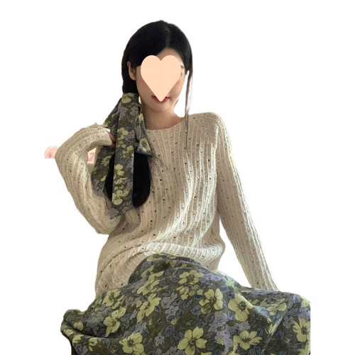 A complete set of dresses with an overcoat, floral spaghetti strap dress, lazy woman spring and autumn lace openwork knit top