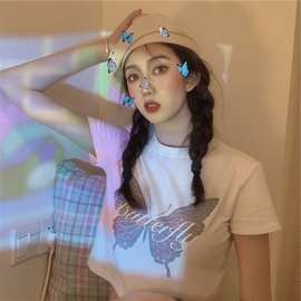 夏季新款韩版蝴蝶印花白色短款短T恤女学生修身短袖显瘦上衣批发
