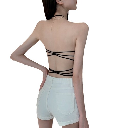 Summer new mid-length halter neck wrap tube top beautiful back base ice silk underwear female student top camisole bra