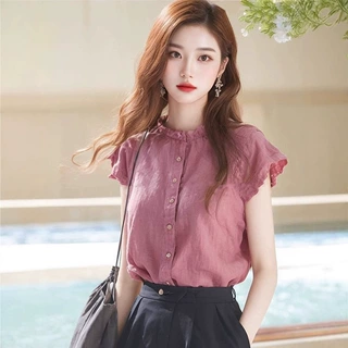 木耳边立领亚麻小飞袖衬衫女设计感小众夏季独特别致漂亮小衫上衣
