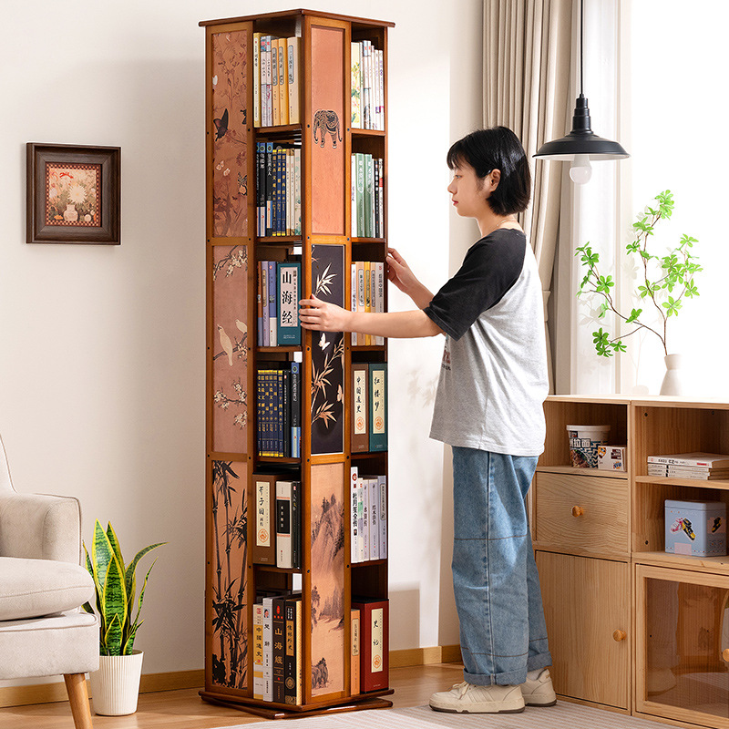 Medieval-Style Living Room Rotating Bookshelf, Simple Bookcase, Floor-Standing Children's Picture Book Rack, Storage Rack, Integrated Light Luxury, Carefully Selected