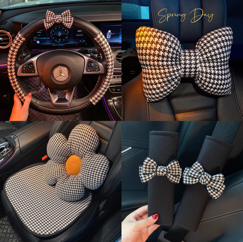Houndstooth Car Interior Headrest Neck Pillow Women's Winter Cute Car Seat Belt Shoulder Guard Gear Handbrake Cushion