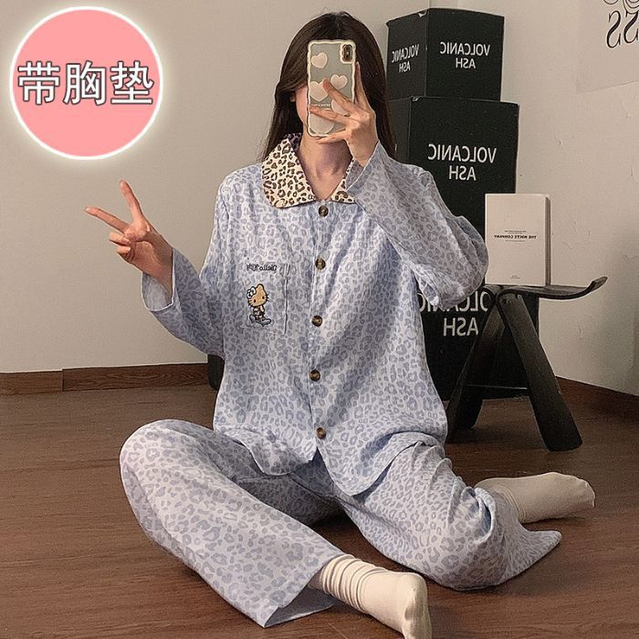 春秋睡衣女款云朵棉带胸垫2025新款长袖秋季大码女款家居服高级感|undefined