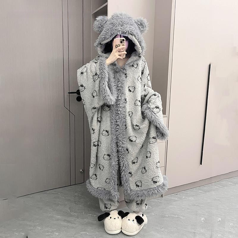 睡袍女冬斗篷加厚季亲肤加绒睡衣居家服套装珊瑚绒包邮