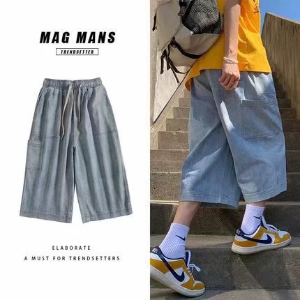 Denim shorts men's summer Hong Kong style loose straight fashion brand trendy wide leg cropped pants overalls casual all-matching pants