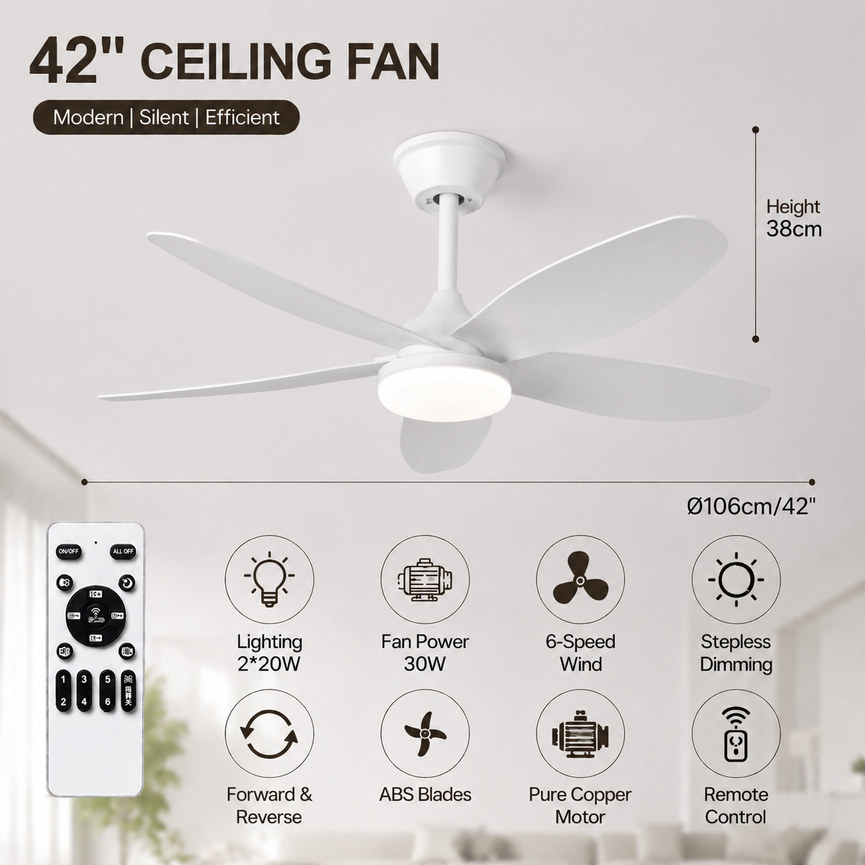 Ventilador de Techo con Luz de ABS y PC, con Control Remoto, Motor DC, para Sala de Estar y Comedor