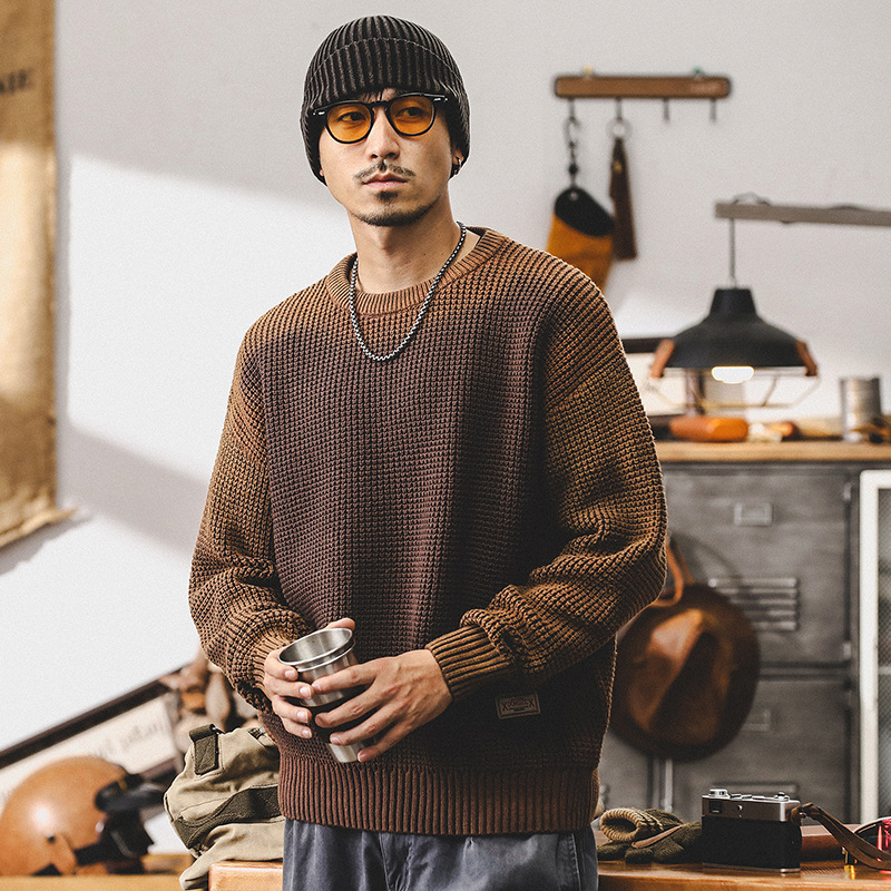 American Retro Heavy Sweater Men's Loose Trendy Brand Contrast Color Autumn and Winter Maillard Lazy Style Knitwear Jacket for Men