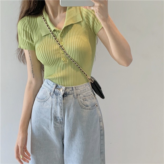 polo Collar White Short-sleeved T-shirt Women's Summer French Style Chic Niche Design Sense Short Tight Top Knit polo Collar White Short-sleeved T-shirt Women's Summer French Style Chic Niche Design Sense Short Tight Top Knit