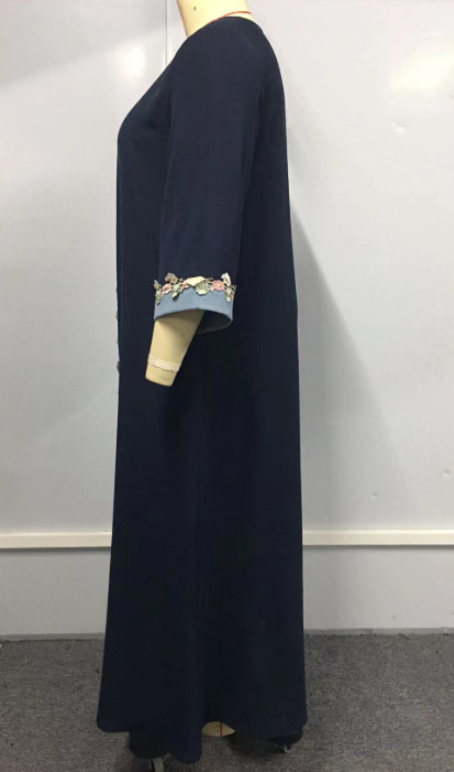 Exclusive Cross-border Supply Of Middle Eastern Robes, Muslim Fashion Navy Blue Embroidered Patchwork Abaya Plus-size_ecoleips.com