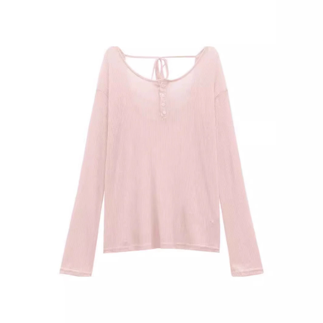 微与 ~Lanky style loose and slim-looking top pure backless pink sunscreen blouse women's lace-up blouse