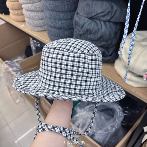 Wholesale South Korea 2025 new Japanese lace-up check fisherman hat women's big brim sunscreen Denim hat