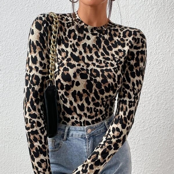 Ropa de mujer transfronteriza europea y americana pequeño collar de pie de manga larga de moda estampado de leopardo apretado estilo de niña caliente mono top image 3