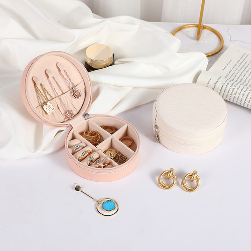 Decorative Storage Box Round Portable Jewelry Box Leather Sweet New Zipper Jewelry Ring Storage Box
