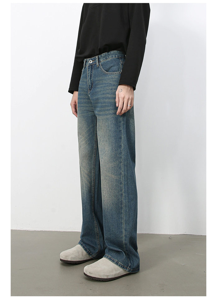Quần jean nam ống rộng suông thẳng phong cách Mỹ, denim wash đơn giản — màu xanh, màu xanh nhạt chi tiết 5