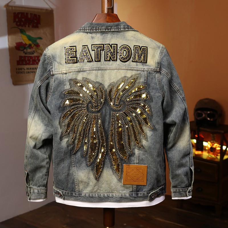 Perlen [Trendy] Lokomotive Stil Stickerei Mode Herren Jeansjacke, Jeansjacke Herren Top_voghion.com