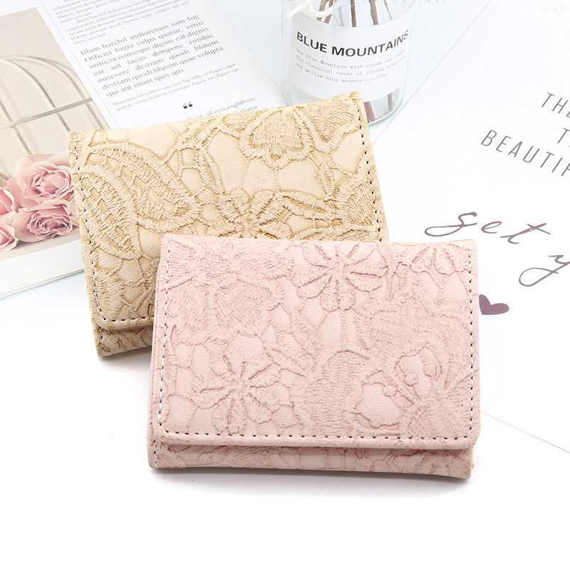 Nuevo tres veces bolso vintage de imitación de encaje de cuero monedero exquisito lindo pequeña cartera femenina tarjeta de Efectivo bolsa integrada