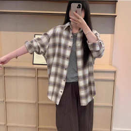 格子长袖衬衫女秋冬季休闲宽松外套慵懒风复古百搭高质量防晒批发