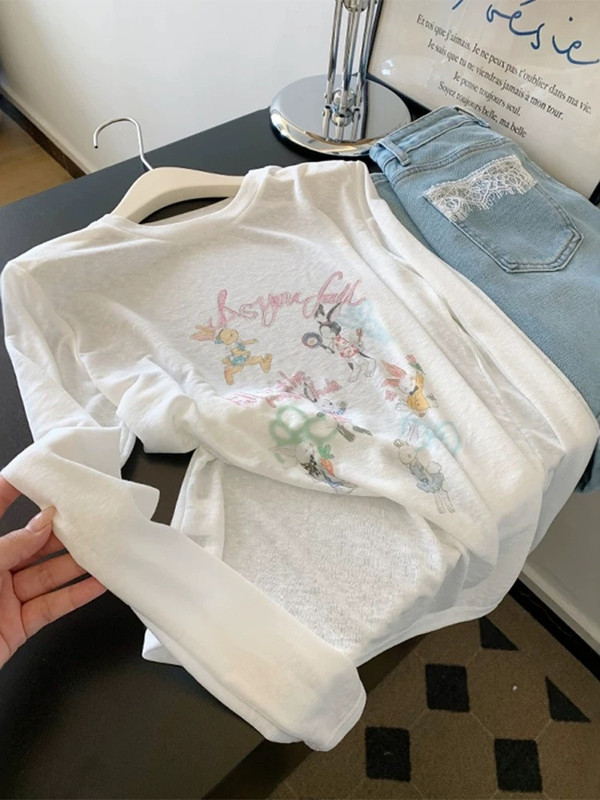 韩系甜美白色薄款微透印花长袖防晒罩衫T恤女夏季新款宽松上衣ins|undefined