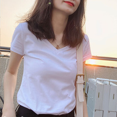 白色t恤女短袖2023年新款修身上衣春夏季显瘦V领圆紧身打底衫