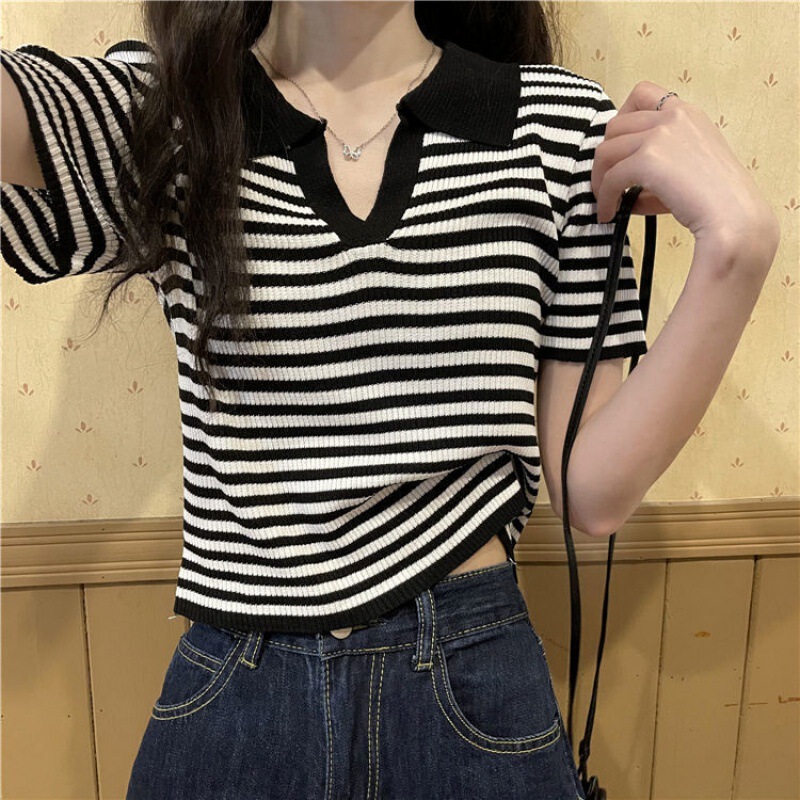 Striped T-shirt women's summer thin Polo collar short sleeve short high waist navel-exposed design sense niche knitted hot girl top
